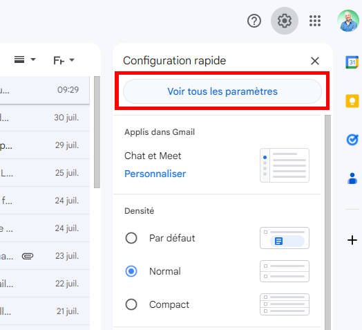 Utiliser un mail pro avec Gmail - Accès aux paramètres Gmail