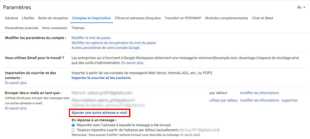 Utiliser un mail pro avec Gmail - Ajout de l'adresse email pour les envois