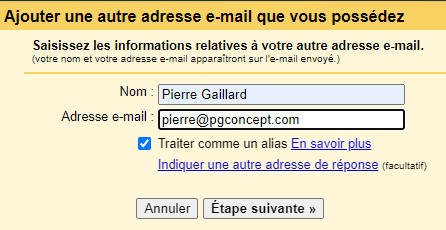 Utiliser un mail pro avec Gmail - Saisie des infos pour l'envoi de mails