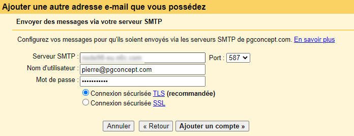 Utiliser un mail pro avec Gmail - Saisie des paramètres SMTP