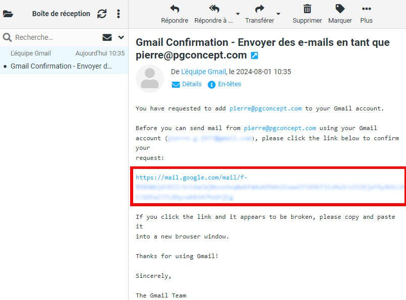 Utiliser un mail pro avec Gmail - Email de confirmation SMTP