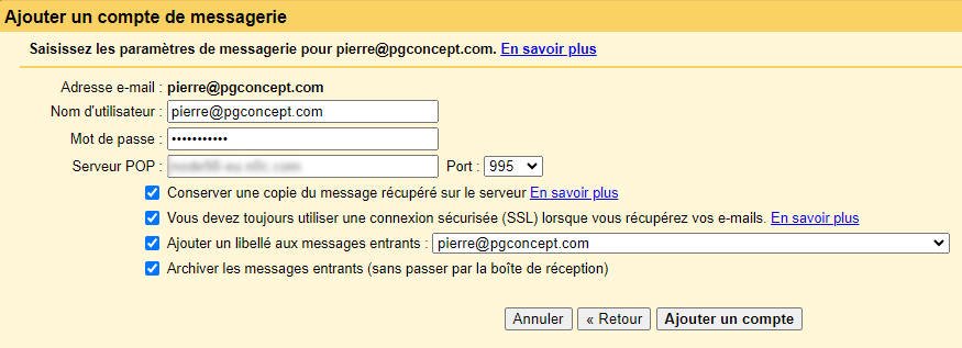 Utiliser un mail pro avec Gmail - Paramètres de réception POP3