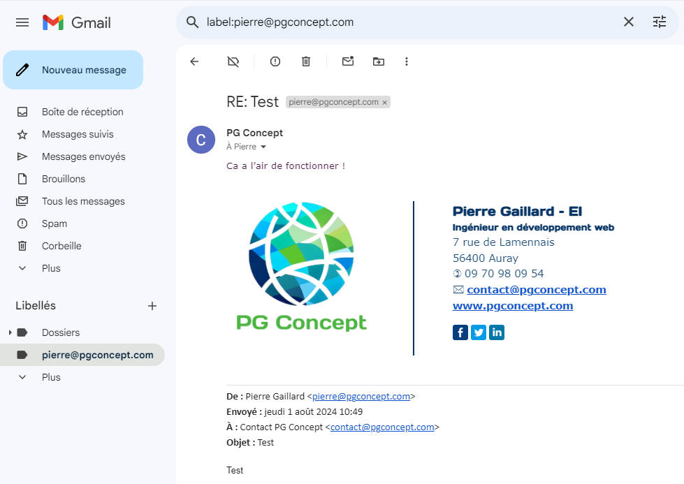 Utiliser un mail pro avec Gmail - Email de test reçu