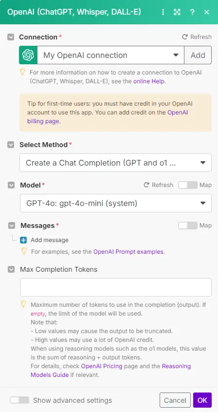 Configuration module OpenAI - PG Concept