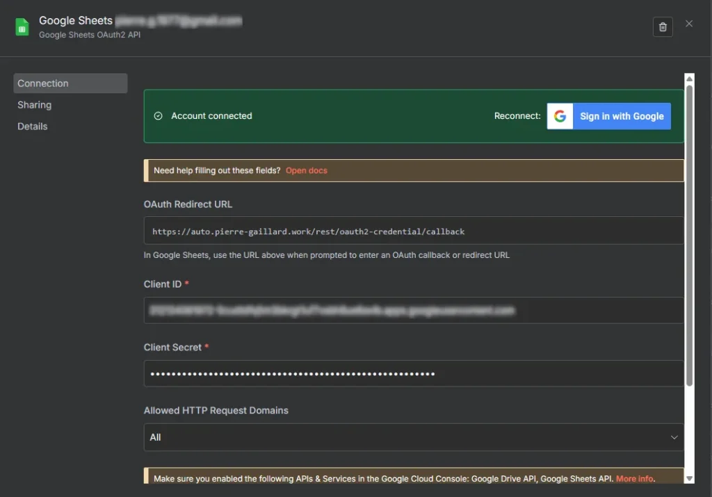 Création d'un credential Google Sheets dans n8n - PG Concept