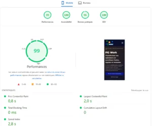 Score PageSpeed Insights PG Work sur mobile - PG Concept