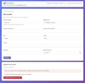 Lancement de Fly To Link, un outil de gestion de liens affiliés simple et RGPD friendly 7 Mon compte Fly To Link - PG Concept