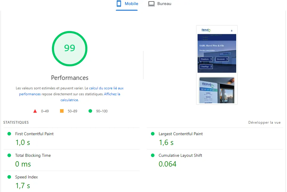 Performances sur mobile pour SARL Hervé - PG Concept