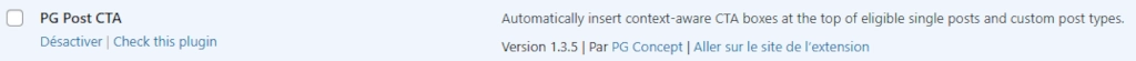 PG Post CTA dans la liste des extensions - PG Concept