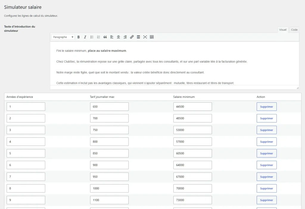 ClubSec : configuration du simulateur de salaire - PG Concept