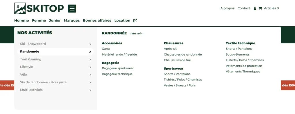 Refonte du site e-commerce d'un magasin de sport : quand WordPress s’adapte au métier 1 Méga-menu du site Skitop - PG Concept