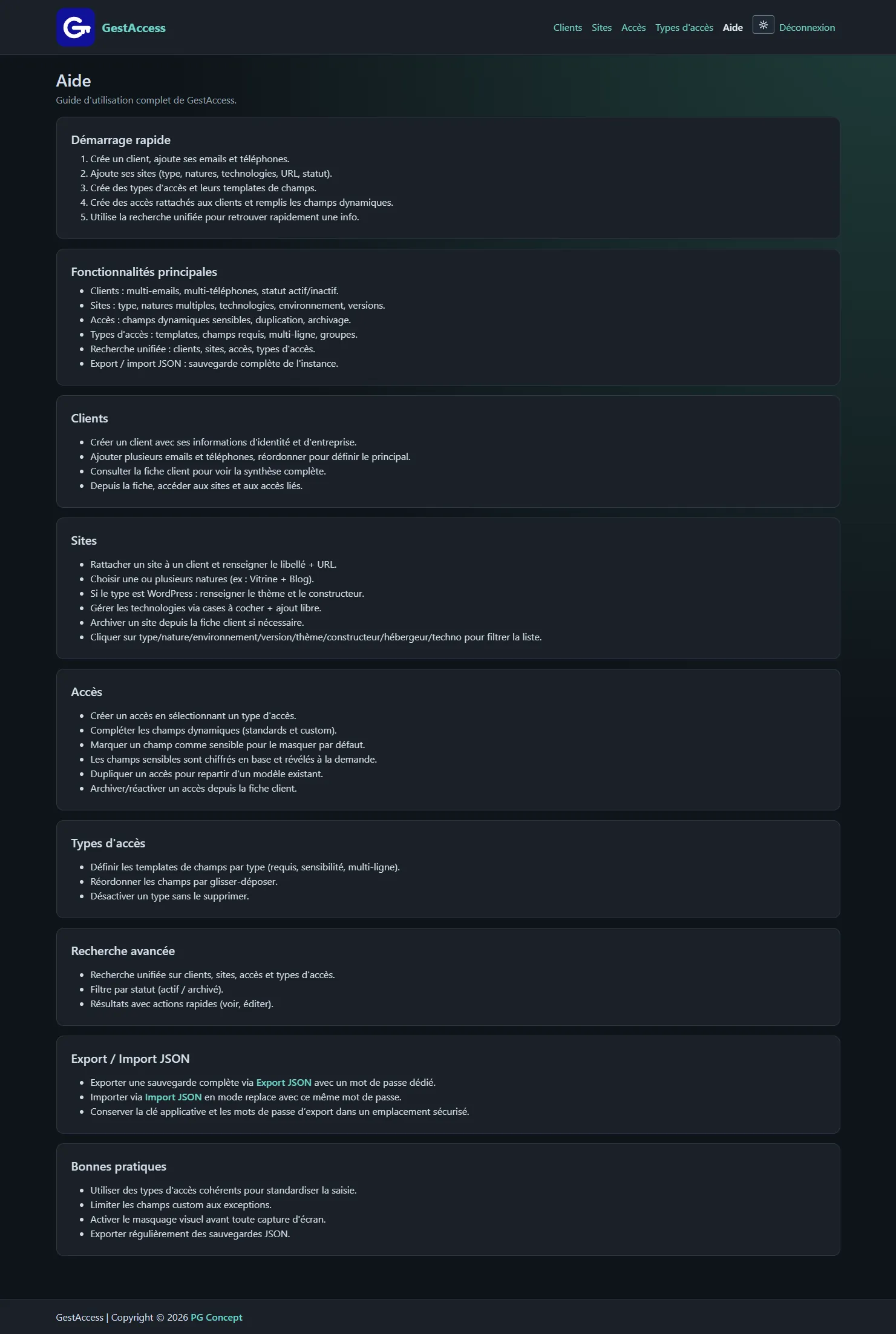 GestAccess : écran d'aide - PG Concept