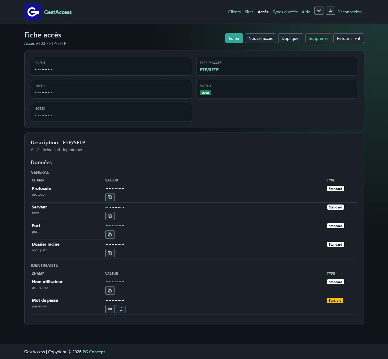 GestAccess : fiche accès - PG Concept