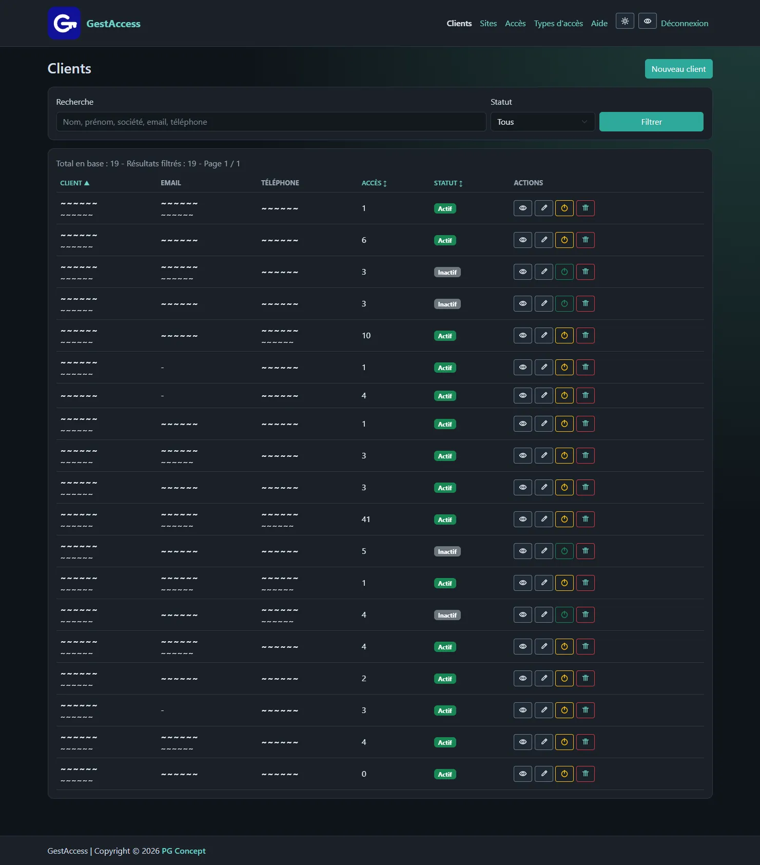 GestAccess : liste des clients - PG Concept